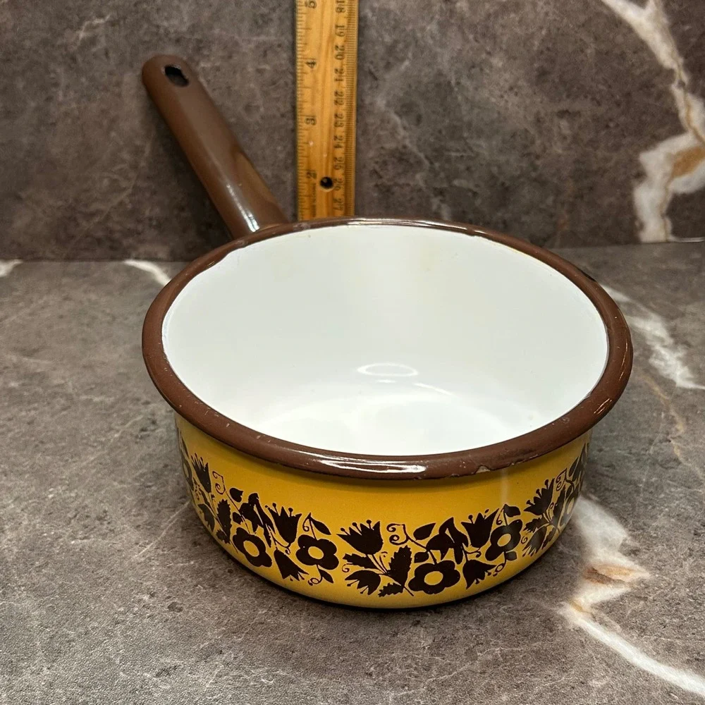 Vintage Yellow Enamelware Saucepan Brown Floral Pattern Retro Kitchen Pot 6 Inch